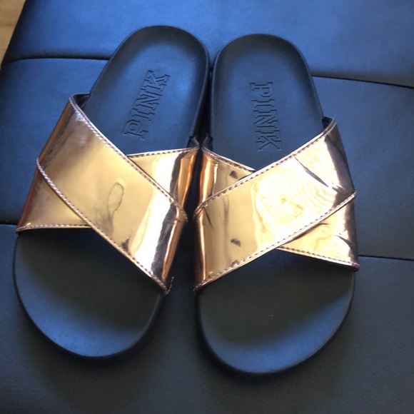 VICTORIA’S SECRET PINK Rose gold cross strap sandals. No size marked-possibly 6 - Picture 2 of 6